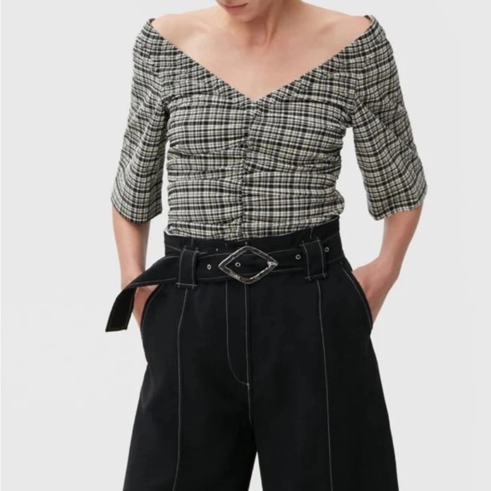 Ganni Black and White Plaid Off-Shoulder Top